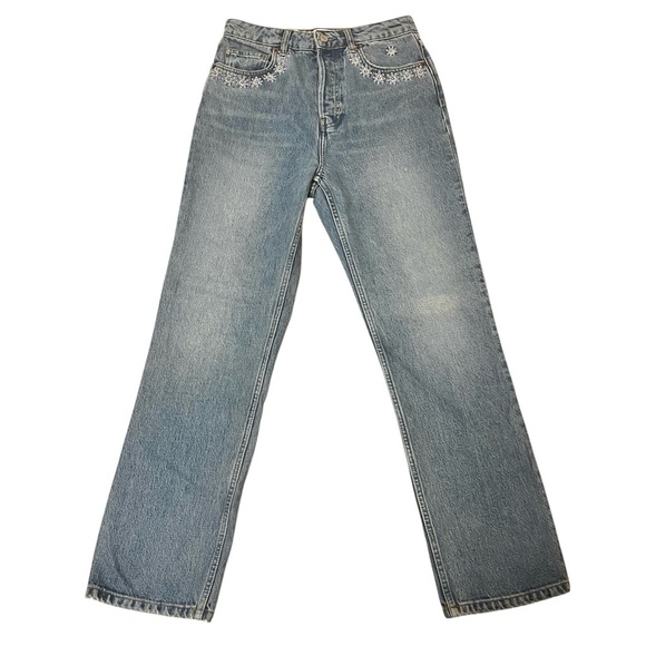 Reformation Denim - Reformation 27 Blue High Rise Floral Embroidered Button Fly Denim Straight Jeans